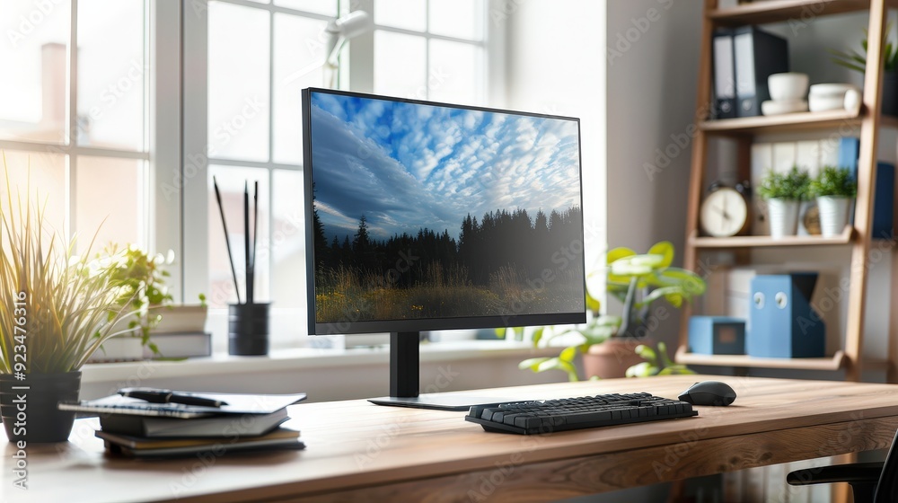 Poster capture a workspace with a high-end office computer, including a sleek monitor and a minimalistic ke