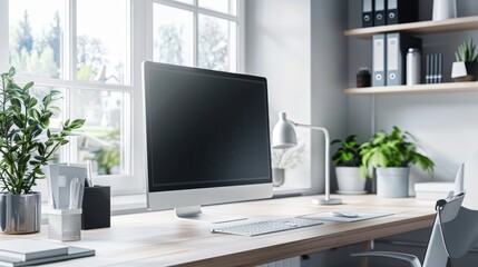 Capture a workspace with a high-end office computer, including a sleek monitor and a minimalistic keyboard.