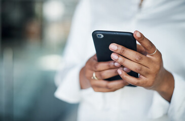 Business, hands and woman with cellphone, typing and connection with social media, texting and network. Closeup, person and entrepreneur with smartphone, mobile user and contact with message or email