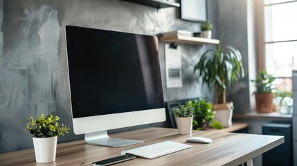 Obraz premium Capture a workspace with a high-end office computer, including a sleek monitor and a minimalistic keyboard.