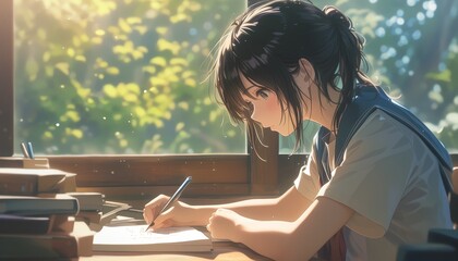 Anime schoolgirl listens to the lesson sitting at the desk. Cute attractive student.