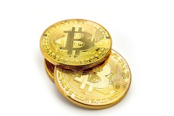 Three gold Bitcoin coins stacked, representing cryptocurrency and digital finance.