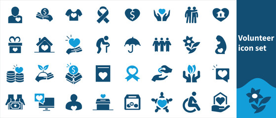 Volunteer charity glyph solid icons collection. Containing care, awareness, friendship, donate, help. For website marketing design, logo, app, template, Vector illustration