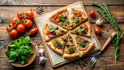 Freshly baked pizza slices stacked on a calendar, surrounded by utensils and herbs, against a rustic wooden background, representing pizza of the month subscription.