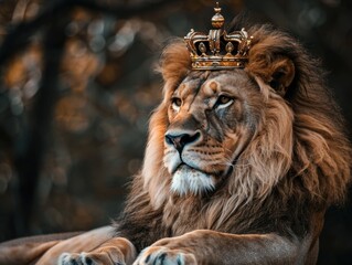 Fototapeta premium A majestic lion wearing a regal crown in a natural habitat, symbolizing strength and royalty at sunset