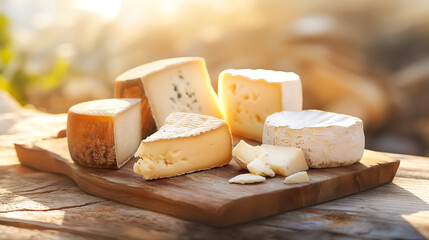 Different types of cheese on wooden cutting board