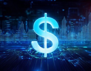 A digital dollar sign illuminated, symbolizing finance, investment, and modern technology with data analytics backdrop.