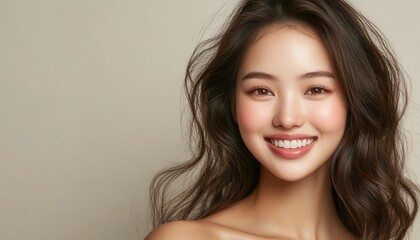 Obraz premium Smiling young woman with long wavy hair against a neutral backdrop in a portrait setting