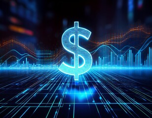 A digital dollar sign illuminated, symbolizing finance, investment, and modern technology with data analytics backdrop.