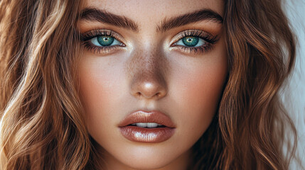 Fototapeta premium Gorgeous model with wavy hair, vivid blue-green eyes, and a direct gaze at the camera. Features 