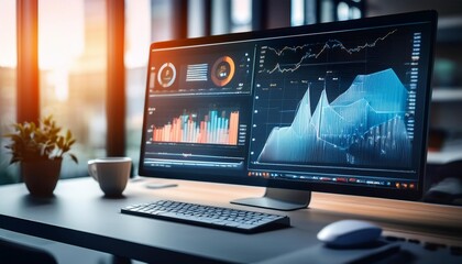Closeup of computer screen displaying data and charts.