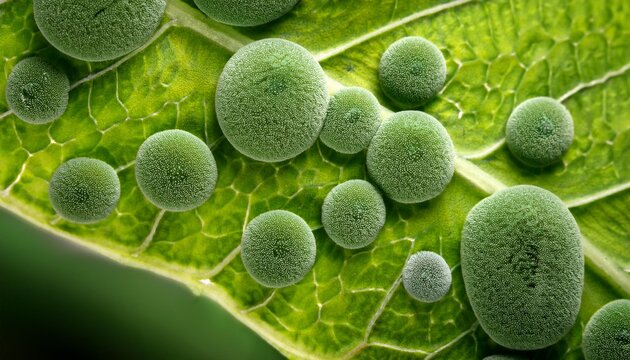 Closeup of Trichoderma spores on a leaf, vibrant green and detailed, Trichoderma fungus, biological study
