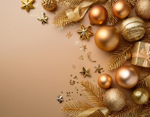 Fototapeta premium Shiny gold Christmas decor on beige backdrop with space for text Glittery gold holiday arrangement