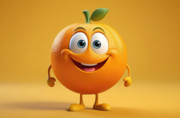 juicy orange with funny smiling face, arms and legs on yellow backdrop, cute nutrition illustration.