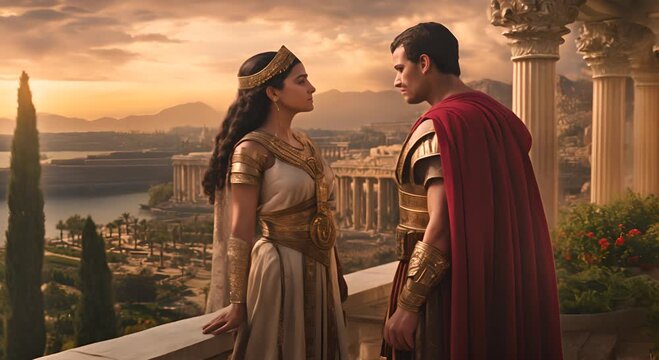 Cleopatra and Marcus Antonius share an intimate moment on a balcony overlooking of ancient Alexandria. 