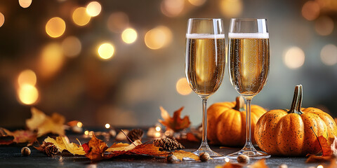 There are two glasses of champagne on the table with autumn leaves and mini pumpkins, bokeh lights in the background. copy space
