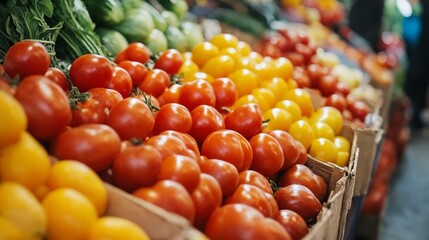 A variety of fresh fruits and vegetables are on display at a market.