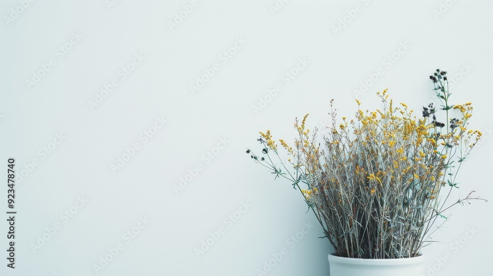 Poster A still life image of dry flowers arranged in a white pot against a pale, clean background, creating a calm and nostalgic mood with its delicate and minimalistic composition.