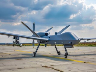 Military drone preparing for takeoff on an airfield under cloudy skies in the afternoon