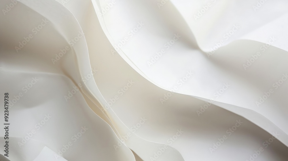 Poster This image shows a close-up view of white wrinkled sheets placed together to create flowing patterns, giving an impression of movement and softness. It invokes feelings of comfort and calm.
