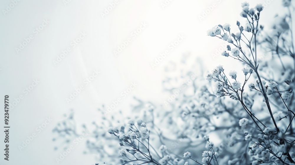 Poster a serene and gentle image featuring delicate white flowers in the foreground, with a soft focus on t