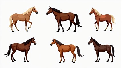 Beautiful Illustrations of Six Different Horses in Various Poses on a White Background