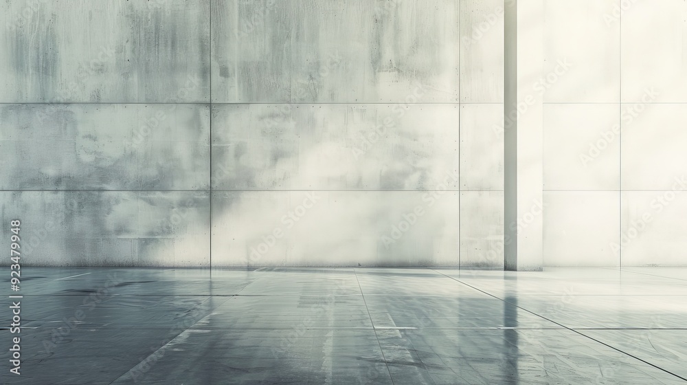 Poster this image features a bright interior space with a polished floor and a concrete wall, bathed in sun