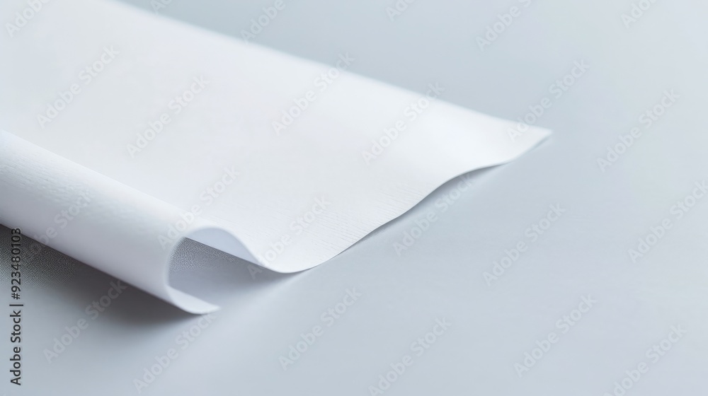 Poster a clean white piece of paper is neatly rolled and lying on a smooth, unblemished white surface, embo
