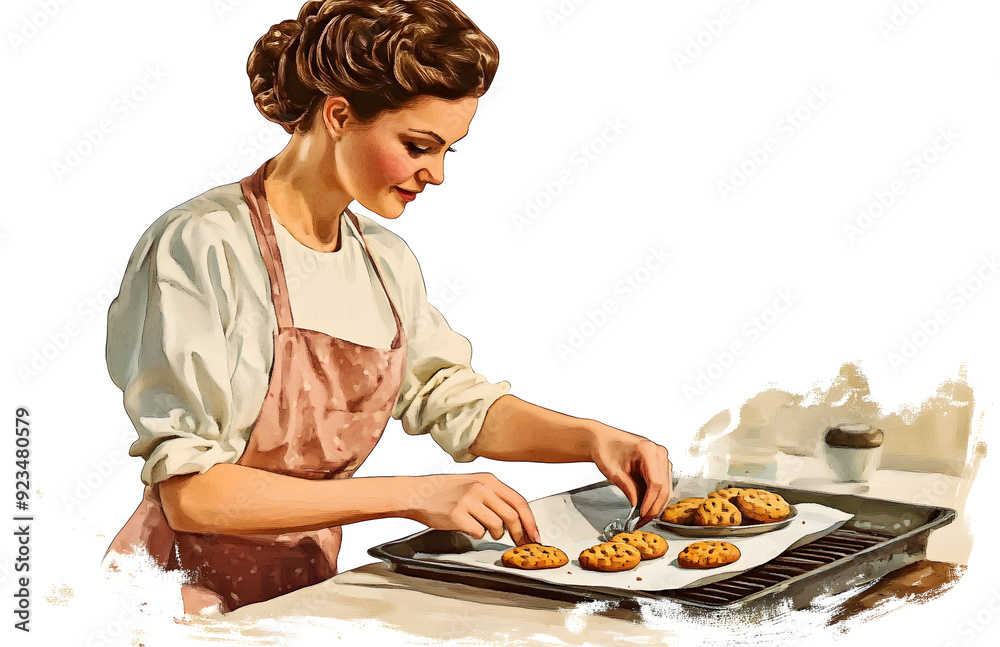 Wall mural Young woman wearing apron cooking on kitchen vintage illustration isolated on a white background