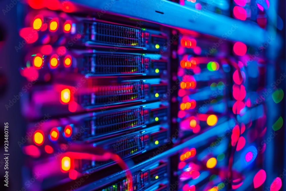 Poster A close-up view of server lights in a data center, showcasing various colorful lights and cables, representing the complexity and vibrant operation of digital communication systems.