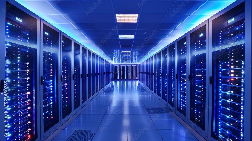 Poster A technologically advanced data center filled with multiple server racks under blue atmospheric lighting, showcasing the symmetry and high-tech environment of modern computing infrastructure.