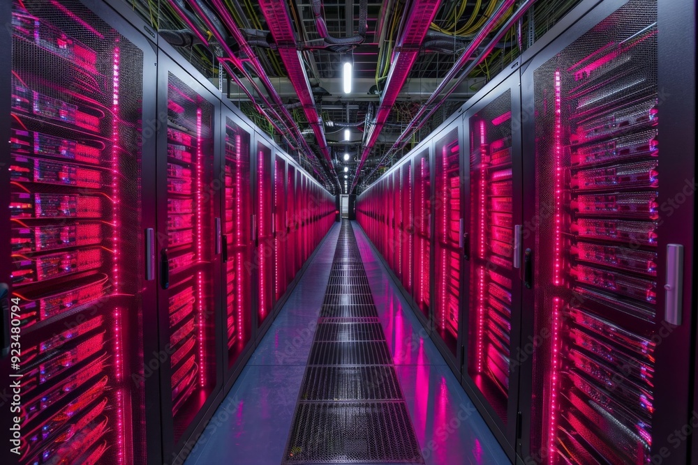 Poster Modern data center hallway lined with server racks illuminated by red lighting, emphasizing the high-tech, innovative environment of contemporary digital infrastructure.
