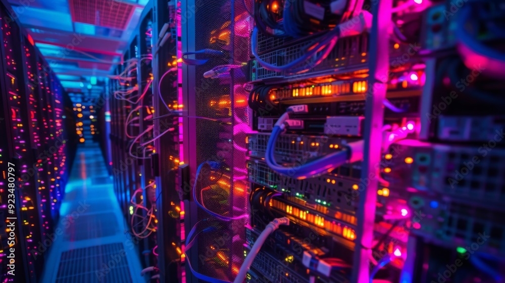 Poster A vibrant data center scene featuring illuminated server racks highlighted by colorful neon lights, with an array of interconnected wires and hardware components visible.