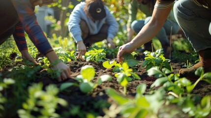 Individuals crouching and using their hands to delicately handle and plant leafy green vegetation within a community garden, representing harmony and effort.