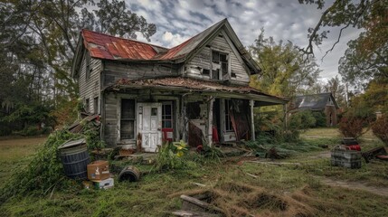 Capture the haunting beauty of a broken house with cracked walls and shattered windows.