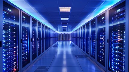 Fototapeta premium A technologically advanced data center filled with multiple server racks under blue atmospheric lighting, showcasing the symmetry and high-tech environment of modern computing infrastructure.