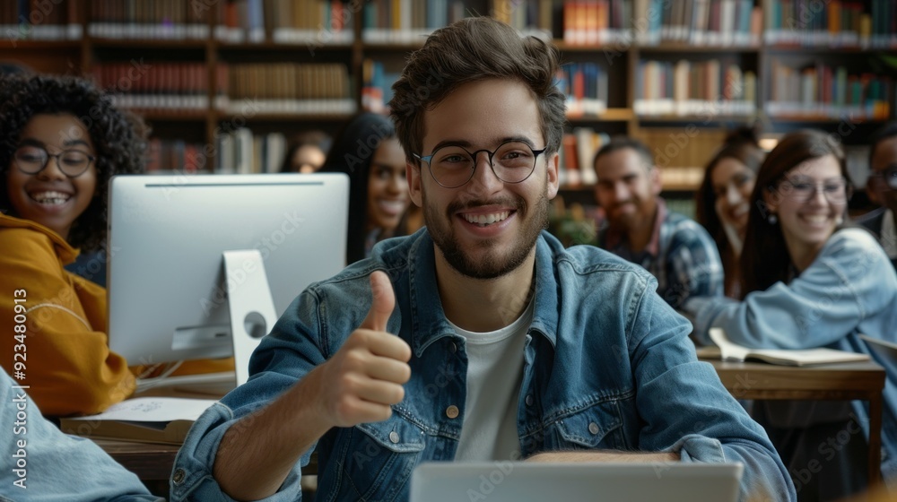 Poster a young man gives a thumbs-up as he enjoys studying with friends in a lively library filled with boo