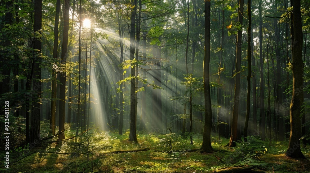 Poster sunlight penetrates the forest canopy, creating stunning light rays that illuminate the forest floor