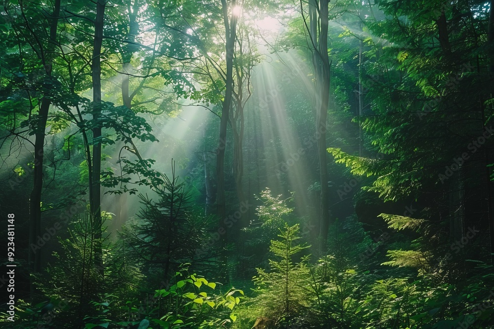 Poster Sunlight beams through a vibrant forest after rain, casting beautiful light and shadow patterns on the lush, wet foliage, creating a fresh and invigorating scene.