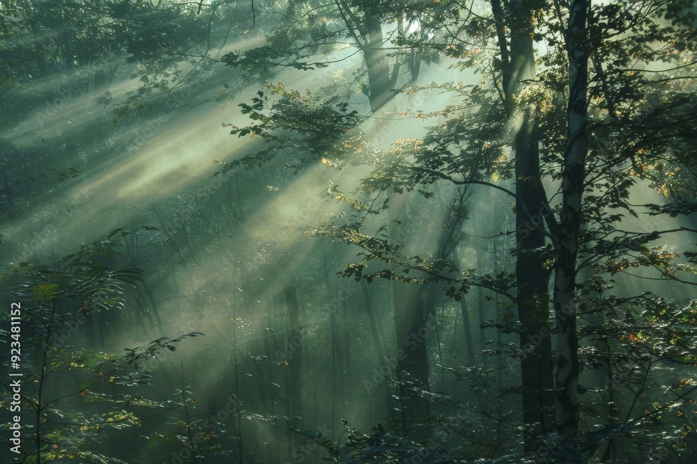Poster A mystical foggy forest scene where sunlight breaks through the fog to illuminate the dense trees and leaves, creating a serene and captivating natural display.