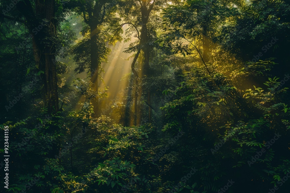 Poster a dense forest with sunlight piercing through the thick foliage, creating a mystical aura and highli