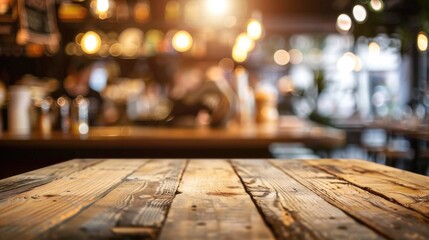 Table Surface. Rustic Wood Table in Restaurant Setting with Soft Light and Bokeh Background