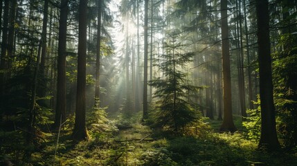 Obraz premium A stunning forest scene featuring tall trees standing amidst thick green foliage, with sunlight streaming through, creating a breathtaking natural light display.