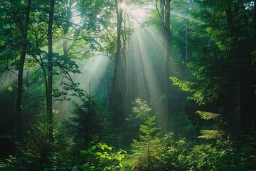 Obraz premium Sunlight beams through a vibrant forest after rain, casting beautiful light and shadow patterns on the lush, wet foliage, creating a fresh and invigorating scene.