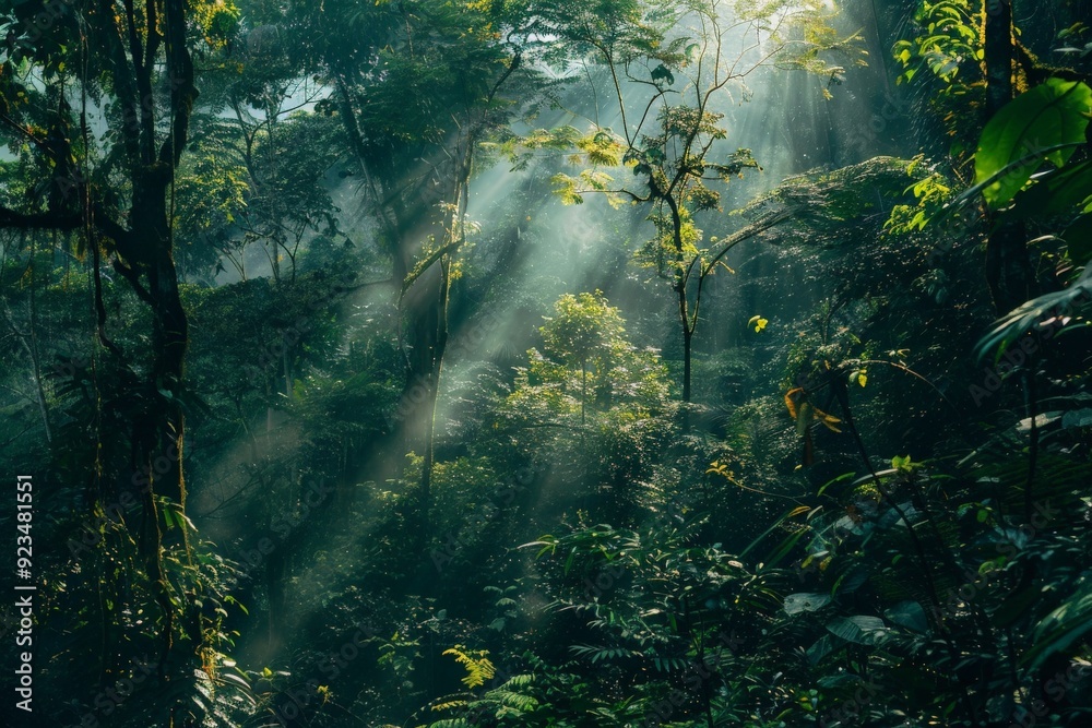 Poster sunbeams filter through the dense green canopy of a lush forest, casting light and shadows that crea
