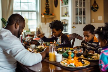 A family of four sits around a dining table, sharing a meal in a warm and cozy home setting, filled with laughter and bonding during a festive occasion.