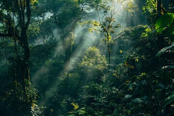Sunbeams filter through the dense green canopy of a lush forest, casting light and shadows that create a perfect and serene woodland paradise, full of thriving life.