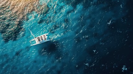 Capture the peaceful scene of a catamaran sailing in the open ocean from above