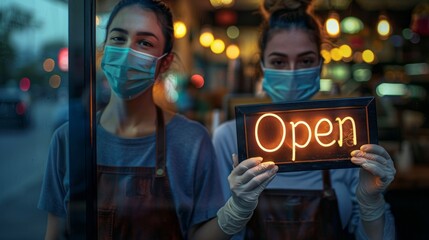 Friendly baristas stand at the entrance, holding an illuminated open sign, inviting patrons into their warm and welcoming café
