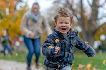 Fototapeta premium A young boy runs towards the camera with a broad smile, capturing the essence of childhood joy and freedom, with autumn colors adorning the background.